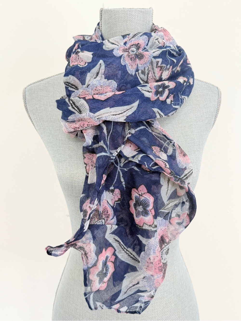 Lightweight Sheer Floral Navy Pink Scarf - Women's Accessory - dark coquette